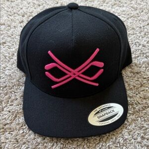 New Black Snapback Hat with Hockey Sticks Pink Logo